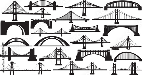Various bridge silhouettes in black and white illustration style