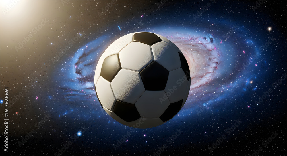 Fototapeta premium A soccer ball floats in space near a galaxy