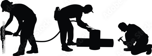 Construction worker silhouettes using power tools and manual equipment, industrial labor activities set, drilling hammering kneeling workers, black vector illustration isolated