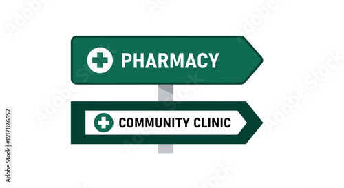 Directional Signs Indicating Pharmacy and Community Clinic Locations for Healthcare and Wellness