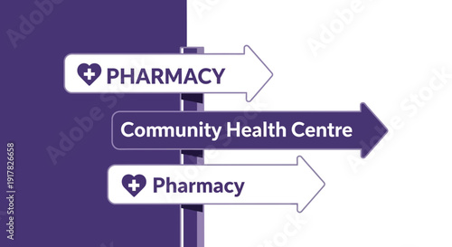 Directional Signs Indicating Pharmacy and Community Health Center Services Clearly Showcased