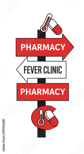 Directional Signs Indicating Pharmacy and Fever Clinic with Medical Imagery, Concept Illustration