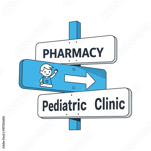 Directional Signs Indicating Pharmacy and Pediatric Clinic for Healthcare Services and Children