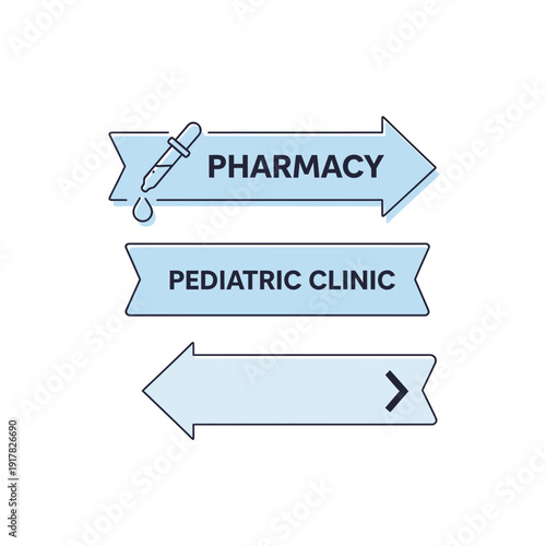 Directional Signs Indicating Pharmacy and Pediatric Clinic Locations, Healthcare Guidance