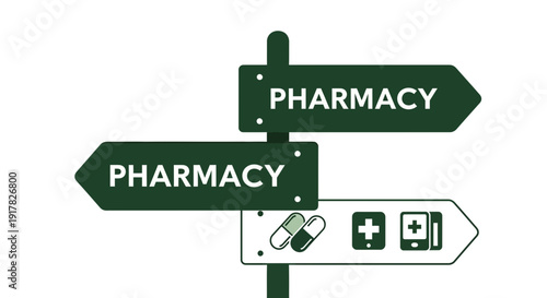 Directional Signs Indicating Pharmacy Services, Healthcare, Medications, and Medical Support