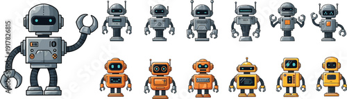 Cartoon robot character set, futuristic android illustration, cute AI machine icons, technology mascot collection, sci fi robotic design artwork