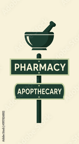 Distinctive Pharmacy Sign With Mortar and Pestle, Ideal for Healthcare Related Designs