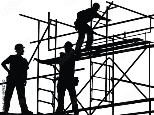 Construction workers on scaffolding silhouette scene, industrial building site teamwork, black human figures with safety helmets, architecture labor themed vector illustration