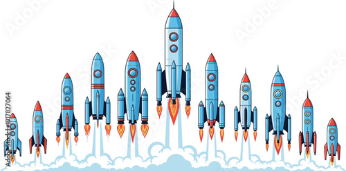 Cartoon rocket launch illustration set, retro space rockets collection blasting off, futuristic spacecraft icons, aviation technology concept isolated background design