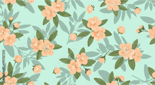 Spring floral pattern with peach blossoms on light green background