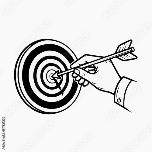 A hand releasing an arrow towards a target with concentric circles. isolated on white background, Vector