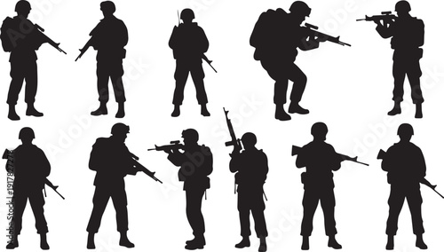 Soldiers in various combat positions and stances silhouettes set
