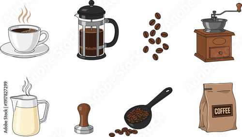 Coffee brewing illustration set, espresso cup French press beans grinder tamper pitcher scoop bag collection, cafe beverage preparation icons isolated