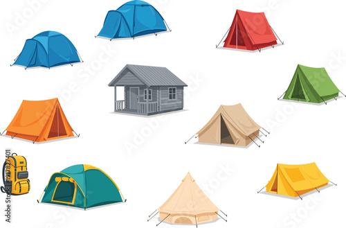 Collection of camping tents cabin backpack outdoor adventure equipment illustration set isolated icons for travel hiking tourism design camping vector