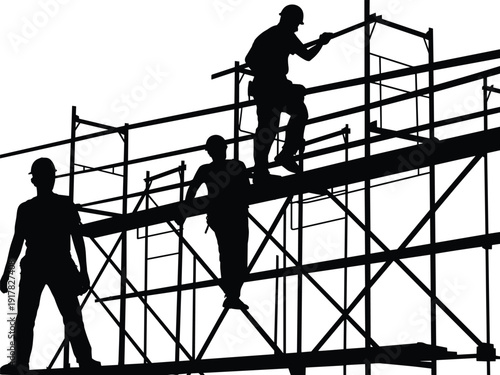 Construction workers on scaffolding silhouette, industrial building site scene, black human figures with safety helmets, architecture labor vector illustration, isolated design