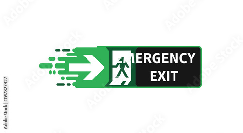 Emergency Exit Sign: Green and White Directional Icon for Safety and Evacuation Protocol