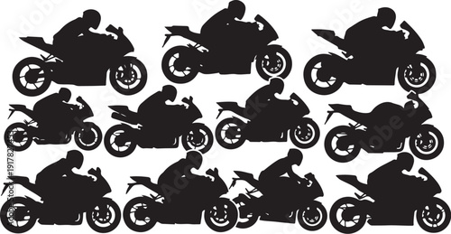 Silhouettes of motorcyclists riding bikes in various dynamic poses