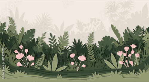 Lush tropical garden with pink flowers in paper cut style
