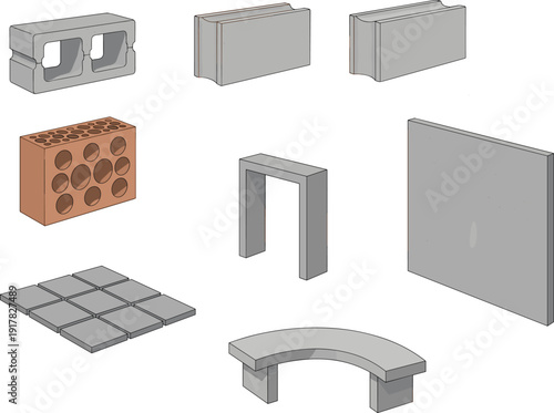 Construction concrete block collection illustration building materials brick cement wall tile structure architecture industrial design isolated vector set