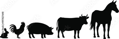 Farm animal silhouette lineup, rabbit chicken pig cow and horse collection, black livestock shapes, rural agriculture themed vector illustration design