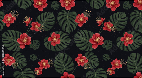 Tropical floral pattern with red flowers and monstera leaves on black background