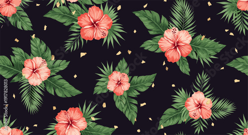 Tropical floral pattern with hibiscus blooms on dark background