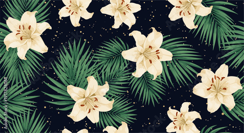 Tropical floral pattern with cream lilies and green palm leaves on dark background