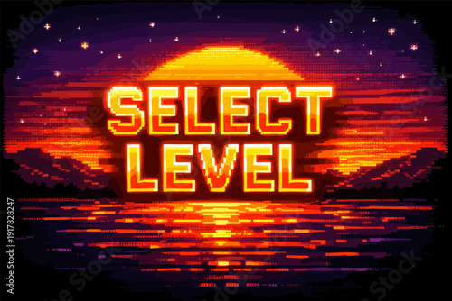 Retro sunset select level screen with pixel art style reflecting nostalgia