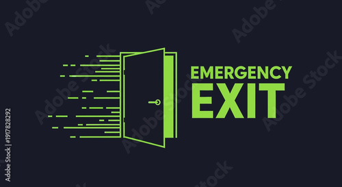 Emergency Exit Sign In Modern Design With Door Open And Lines Effect Concept