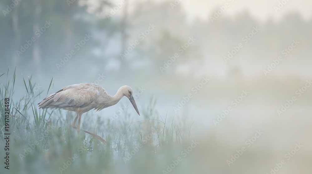 Obraz premium Sandhill crane wading through misty wetland marsh at dawn with soft ethereal lighting and dreamy atmospheric fog creating peaceful wildlife scene.
