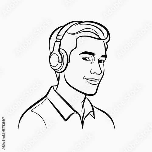 A person wearing over-ear headphones listening attentively to something. isolated on white background, Vector