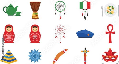 Global cultural symbols illustration set, traditional icons collection including dreamcatcher, pyramid, matryoshka, mask, tea pot, boomerang, ethnic decorative elements