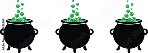 Halloween witch cauldron illustration set, bubbling magic potion pots collection, spooky cartoon brew icons isolated fantasy horror design elements