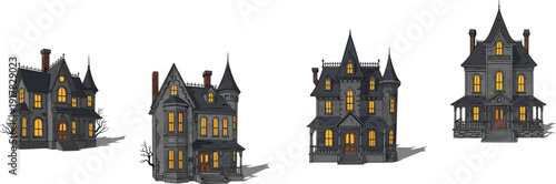 Haunted Victorian house illustration set, spooky gothic mansions collection with glowing windows, eerie Halloween architecture icons isolated vintage horror design