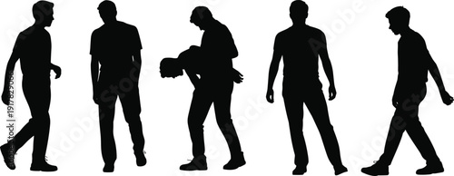 Male walking and bending silhouette poses set, casual human movement collection, black men figures isolated on white background, lifestyle vector illustration
