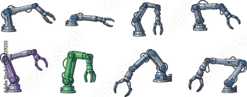 Industrial robotic arm collection illustration automation technology mechanical robot hand factory equipment engineering isolated vector set futuristic manufacturing design