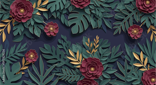 Elegant floral pattern with lush leaves and burgundy flowers on dark background