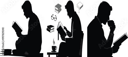 Silhouettes of three people reading in a peaceful setting