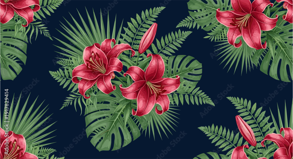 Obraz premium Exotic tropical floral pattern with red lilies and green leaves on dark background