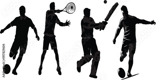Silhouette of four sportsmen playing different sports