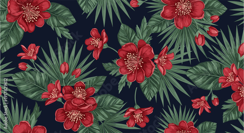 Seamless floral pattern with red blossoms and tropical leaves on dark background