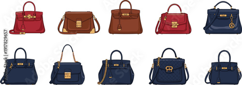 Luxury handbag fashion illustration set, designer leather purses collection with elegant style accessories isolated vector modern retail design icons premium