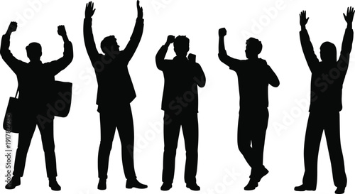 Celebrating people silhouettes raising hands, success achievement concept, happy business professionals cheering motivation excitement victory positive energy illustration set
