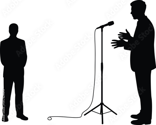 Business speaker silhouettes at microphone, public speech presentation concept, leadership communication conference professional talk audience corporate meeting illustration set