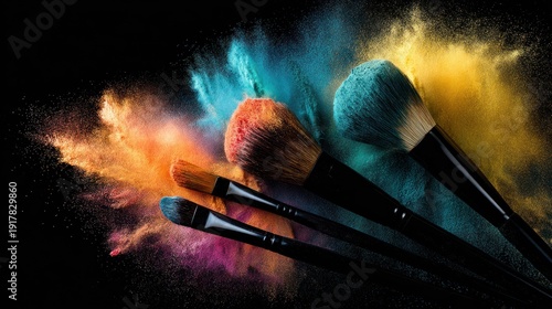 Cosmetic brushes with colorful powder explosion on a black background