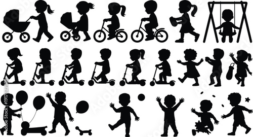Children silhouettes playing activities collection, kids cycling scootering walking swinging, childhood fun lifestyle movement happiness playful youth illustration set