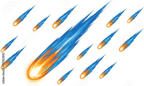 Meteor shower illustration set, fiery comets streaking sky collection, space asteroid fireballs cosmic astronomy objects isolated dynamic science background design