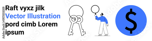 Person holding a balloon, dollar symbol in blue circle, and two keys. Ideal for finance, investment, savings, business security, opportunities, planning simple landing page