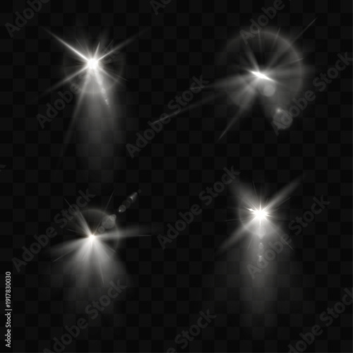 Light effect. Spotlight spark. Stadium lighting. Spot lighting with white beams of LED strobes. White spotlight with a star.