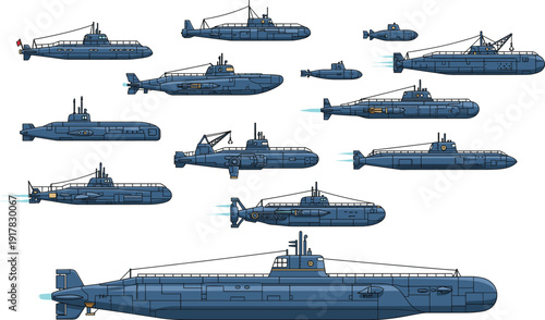 Military submarine collection illustration naval underwater vessel fleet maritime defense technology ocean warship transport isolated vector design engineering concept
